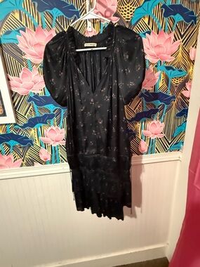 Ulla Johnson Black Floral Puff-Sleeve Midi Dress